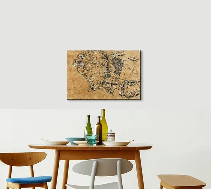 Map of Middle Earth Wall Decor - Middle Earth Map Wall Art with Inner Wooden Frame, Lightweight & Easy Hanging, Paintings for Game Room & Bedroom, 12x18 Inches