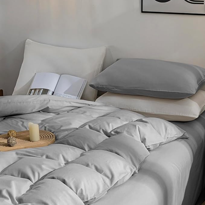 JELLYMONI Cotton Duvet Cover Queen Size - 100% Washed Cotton Linen Like Textured Comforter Cover, 3 Pieces Breathable Soft Bedding Set with Zipper Closure (Light Gray, Queen 90"x90")