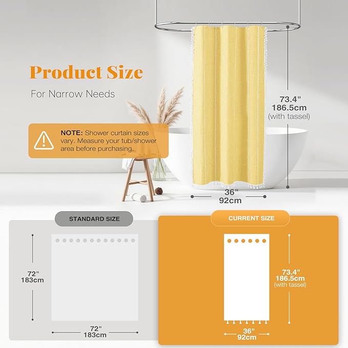 BTTN Boho Shower Stall Curtain - 36x72 Narrow Linen Ultra Thick Striped Tassel Fabric Shower Curtain Set with 6 Hook, Half Modern Farmhouse Cottage Weighted Cloth Shower Curtains for Bathroom - Yellow
