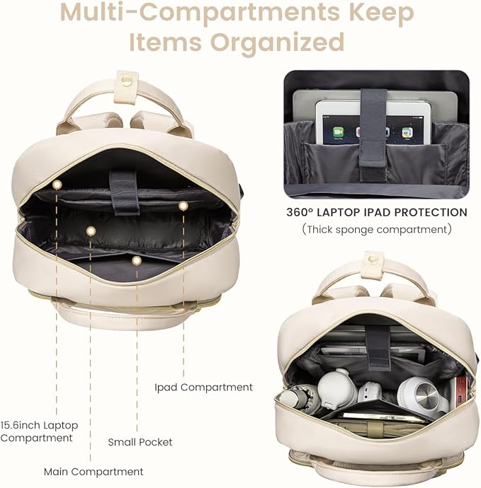 LOVEVOOK Laptop Backpack Women Teacher Backpack,15.6 Inch Laptop Bag with USB Port,Waterproof Daypack for Work Travel Antiquewhite