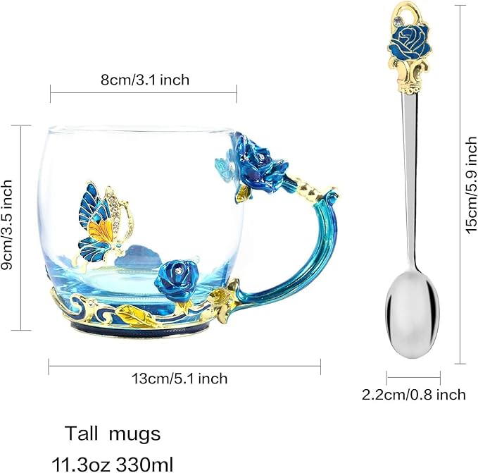 Tea Cup Gifts for Mom Birthday Gift for Women,Glass Coffee Enamels Mug Butterfly Sky Blue Flower Cup Unique Valentines Mothers Day Christmas gifts For Women Mom Wife Sister Coworker Female Friend