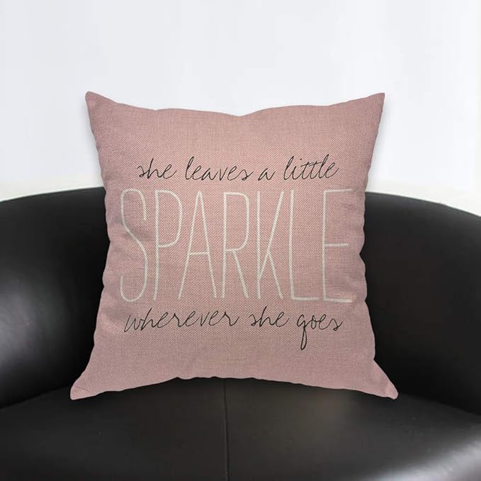AOYEGO Pink Sparkle Monogram Throw Pillow Cover She Leaves A Little Sparkle Wherever She Goes Pink Background Shiny Words Pillow Case 18x18 Inch Decorative Men Women Room Cushion Cover