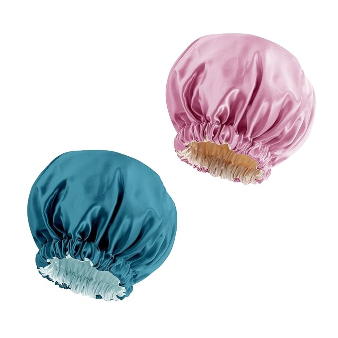 Satin Bonnet Silk Bonnet Hair Bonnet for Sleeping-Slouchy Beanie Hat Satin Sleep Cap for Women's Natural & Curly Hair(Blue Zircon&Dark Pink)