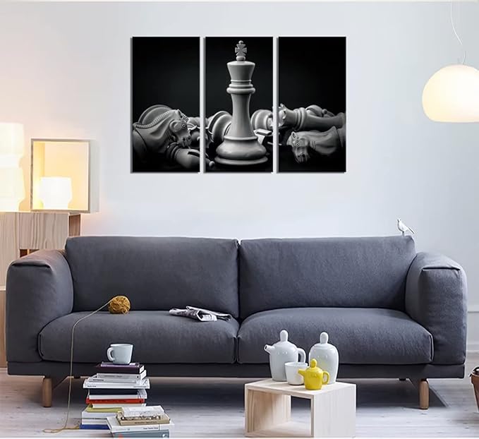 King and Knight of Chess Setup on Canvas Wall Art Paintings Pictures Prints Poster Artworks for Living Room Game Room Office Wall Decor 3 Piece Blak and White Framed Ready to Hang