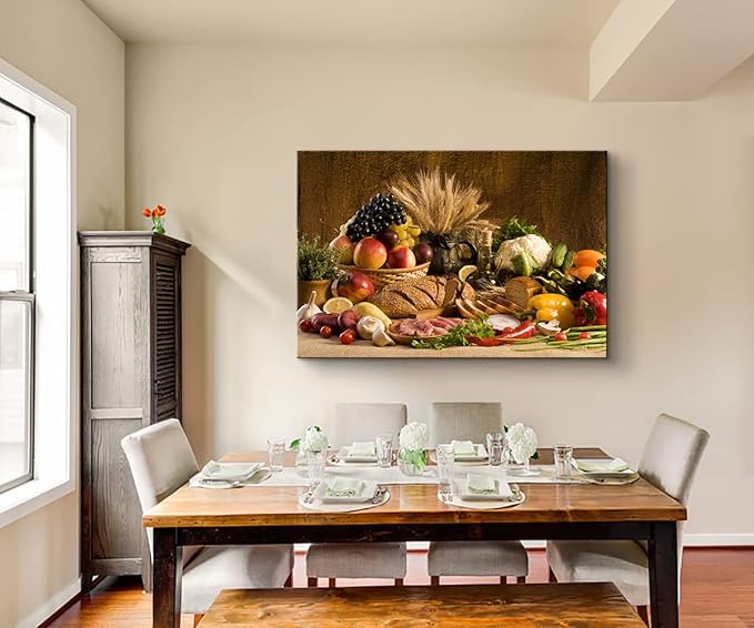 Kitchen Wall Decor Bread Vegetable Fruit Canvas Wall Art Kitchen Decorations Dining Room Decor wall art Healthy Eating Fruit Wall Art Food Wall Art for Dining Room Ready to Hang (28''Hx40''W)