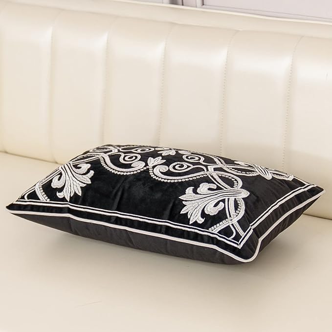Aeckself European Floral Pillow Cover 12x20 Inch, Luxury Velvet Embroidered Lumbar Pillow Case for Sofa Bedroom Living Room White Black