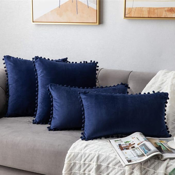 DEZENE Couch Pillow Cases 12x20 Navy: 2 Pack Cozy Soft Pom-poms Velvet Rectangular Throw Pillow Covers for Farmhouse Home Decor
