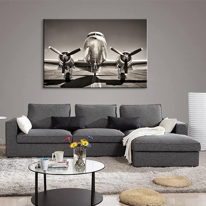 Vintage Douglas DC-3 Airplane Poster - Black and White Propeller Wall Art - Twin Engine Aviation Gifts for Home Office Decor - Easy to Hang (28"Hx40"W)