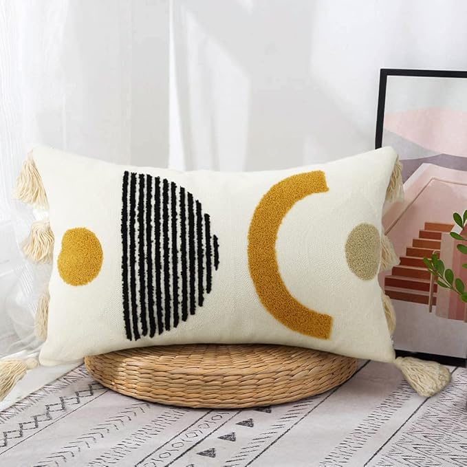 Merrycolor Boho Lumbar Throw Pillow Cover 12x20 Bohemian Tufted Decorative Pillow Covers with Tassels Mid Century Modern Aesthetic Throw Pillow Case for Couch Sofa Bedroom Living Room