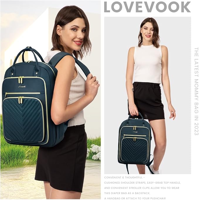 LOVEVOOK Laptop Backpack for Women, Water Resistant Travel Work Backpacks Purse Stylish Business Teacher Nurse Computer Bag with USB Charging Port,Blue-Green