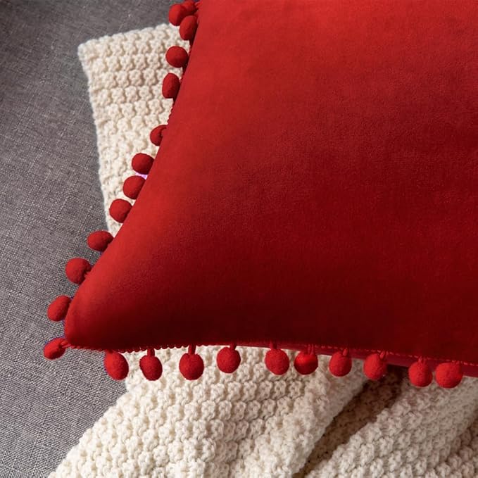 DEZENE Throw Pillow Covers 18x18 Red: 2 Pack Cozy Soft Pom-poms Velvet Square Decorative Pillow Cases for Farmhouse Home Decor