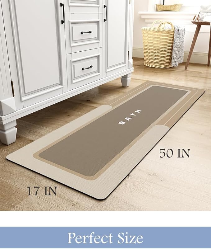 MontVoo-Bath Mat Rug Long Non Slip Super Absorbent Bathroom Runner Stain Resistant Quick Dry Thin Bathroom Mat Fit Under Door-17"x50",Beige