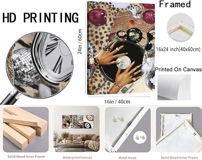 Trendy Leopard Wall Art Set of 3, Cheetah Wall Decor Aesthetic, Black Girl 8 Ball Poster Canvas Print Pictures Funky Lucky Artwork for Bedroom Living Room Framed 16x24 inch