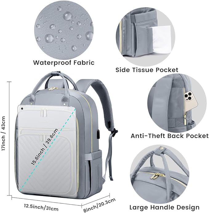 LOVEVOOK Laptop Backpack for Women, Water Resistant Travel Work Backpacks Purse Stylish Business Teacher Nurse Computer Bag with USB Charging Port,Gray