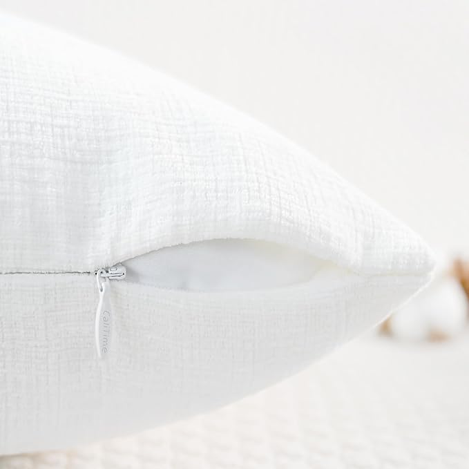 CaliTime Throw Pillow Covers Decorative 22 X 22 Inches Pack of 2 Cozy Chenille Cushion Cases for Couch Sofa Bed Living Room Home True White