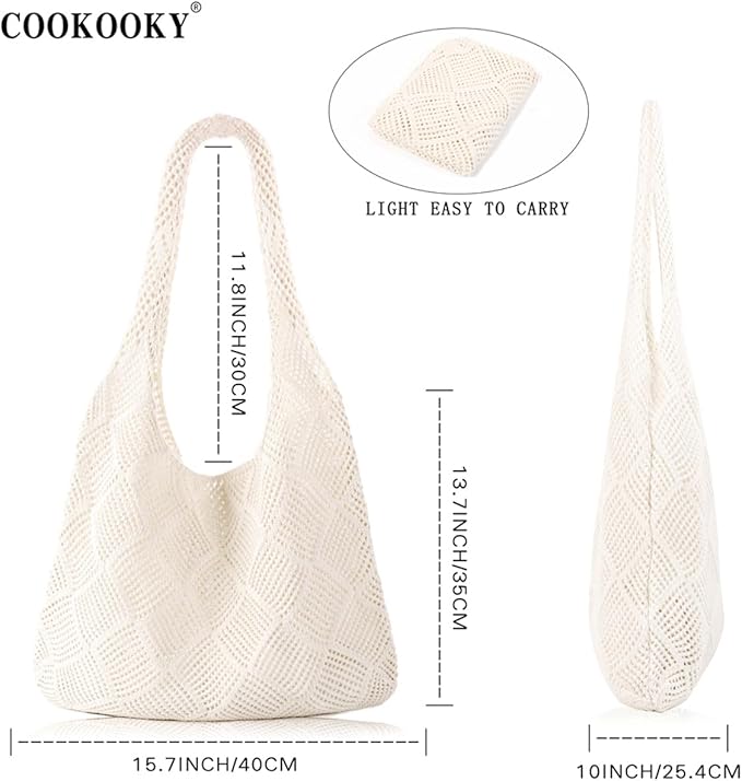 COOKOOKY Crochet Beach Tote bag Summer Beach Bag for Women Aesthetic Mesh Tote Bag Hippie Bag Knit Bag