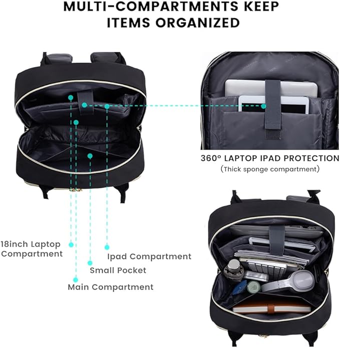 LOVEVOOK Laptop Backpack for Women, Water Resistant Travel Work Backpacks Purse Stylish Business Teacher Nurse Computer Bag with USB Charging Port,Black