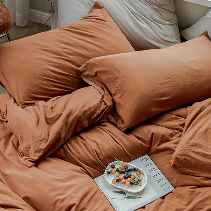 AMWAN Pumpkin Caramel Jersey Knit Cotton Duvet Cover Rust Color Comforter Cover Terracotta Bedding Sets Simple Style 1 Full Duvet Cover with 2 Pillowcases, Full(80''x90'')