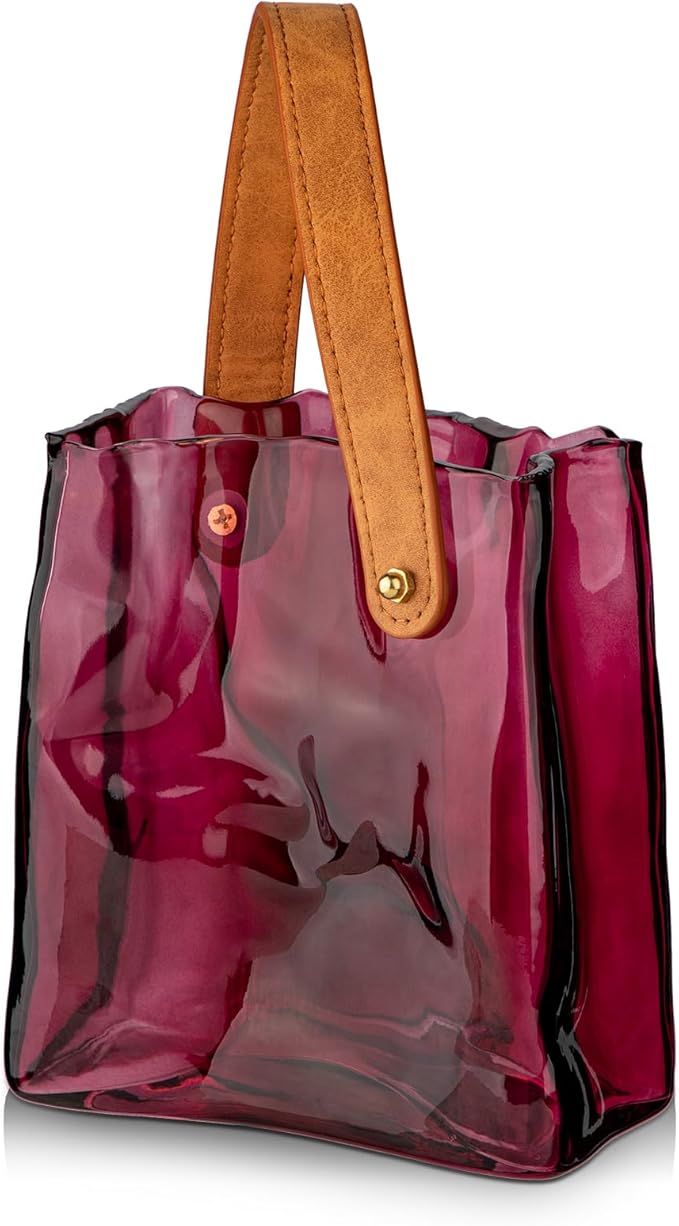 Glass Purse Vase for Flowers Brownish Purple Vases for Centerpieces Glass Bag Vase with Leather Handle Small Bag Vases for Decor Decorative Fish Bowl for Home Wedding Decor
