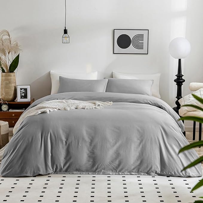 JELLYMONI Cotton Duvet Cover California King - 100% Washed Cotton Linen Like Textured Comforter Cover, 3 Pieces Soft Bedding Set with Zipper Closure (Light Gray, Cal King 104"x98")