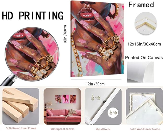 Black Girl Wall Art Set of 3 Pink Fashion Black Woman Canvas Wall Decor Pictures African American Women Paintings Home Decor Posters Prints for Living Room Bedroom Bathroom 12x16Inch Framed