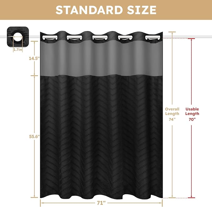 No Hook Shower Curtain and Liner Set, Black Snap in Shower Curtain Ringless Chevron Tufted Cloth Waterproof Washable Fabric Bath Curtain with See Through Top Window for Bathroom Hotel 71" x 74"