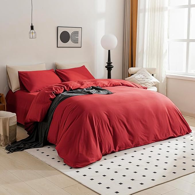JELLYMONI Red Duvet Cover King Size - 100% Washed Cotton Linen Like Textured Comforter Cover, 3 Pieces Breathable Soft Bedding Set with Zipper Closure (Red, King 104"x90")