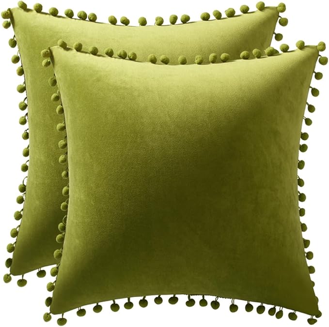 DEZENE Couch Pillow Cases 22x22 Chartreuse: 2 Pack Cozy Soft Pom-poms Velvet Square Throw Pillow Covers for Farmhouse Home Decor