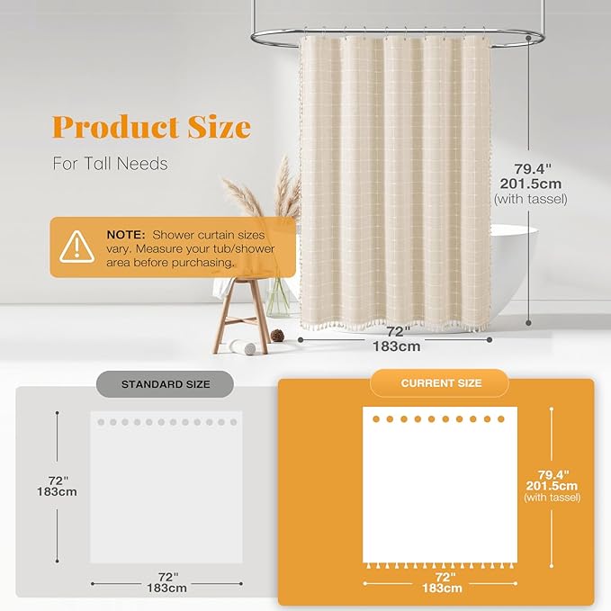 BTTN 78 Inch Long Shower Curtain - Boho Farmhouse Linen Ultra Thick Fabric Shower Curtain Set with Plastic Hooks, Tall Rustic Modern Country Neutral Shower Curtains for Bathroom - Cream/Beige - 72x78