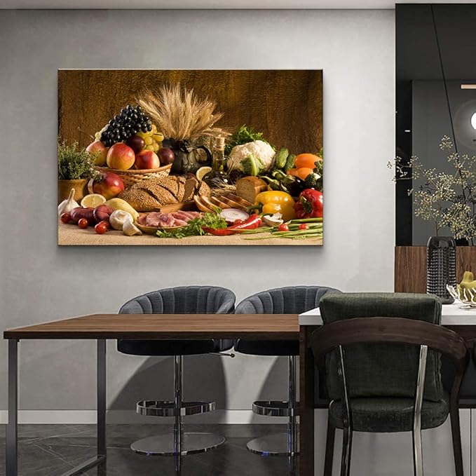 Kitchen Wall Decor Bread Vegetable Fruit Canvas Wall Art Kitchen Decorations Dining Room Decor wall art Healthy Eating Fruit Wall Art Food Wall Art for Dining Room Ready to Hang (28''Hx40''W)