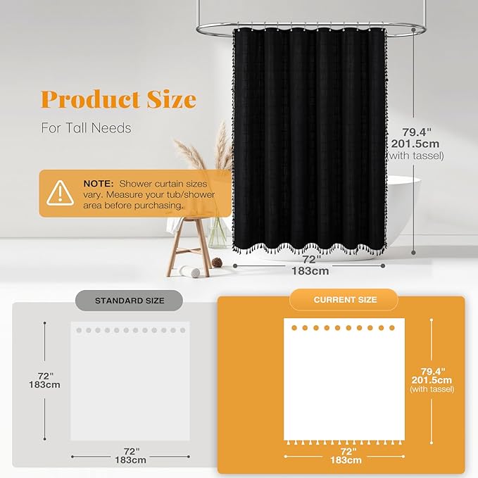 BTTN 78 Inch Long Shower Curtain - Boho Farmhouse Linen Ultra Thick Fabric Shower Curtain Set with Plastic Hooks, Tall Rustic Country Luxury Cloth Shower Curtains for Bathroom Decor, Black, 72x78