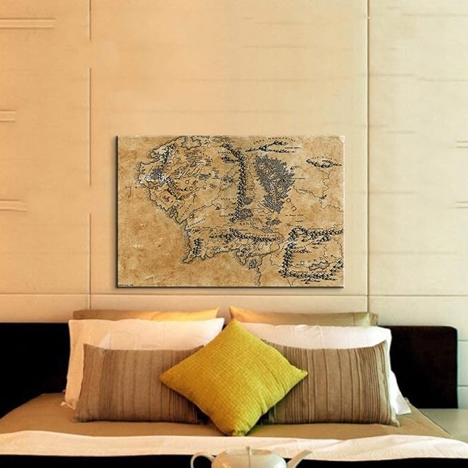 Map of Middle Earth Wall Decor - Middle Earth Map Wall Art with Inner Wooden Frame, Lightweight & Easy Hanging, Paintings for Game Room & Bedroom, 28x40 Inches