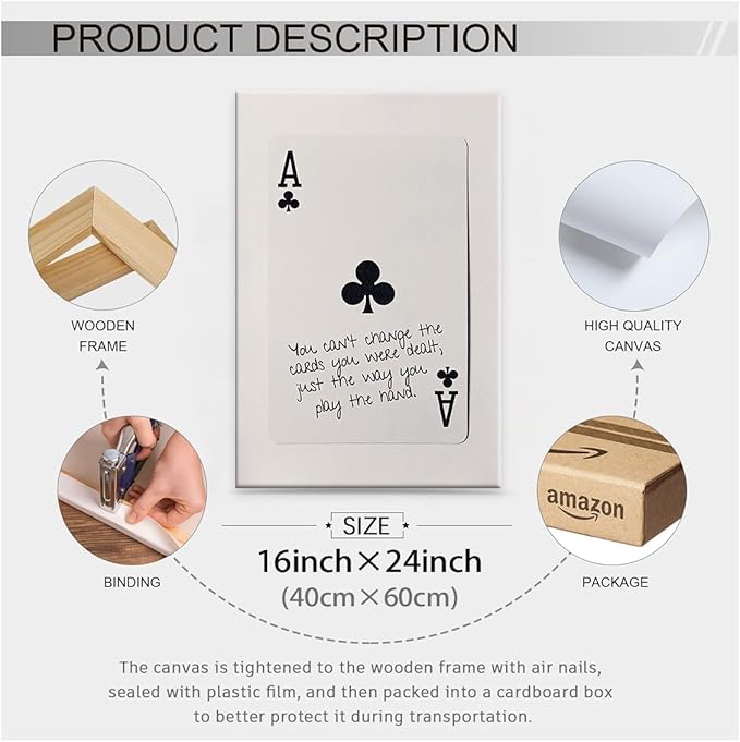 Funky Black and White Lucky Ace Poker Canvas Wall Art Funny Modern Preppy Playing Card Posters 16x24 inch Framed Trendy Minimalist Black Art Prints Painting Retro Aesthetic Wall Decor