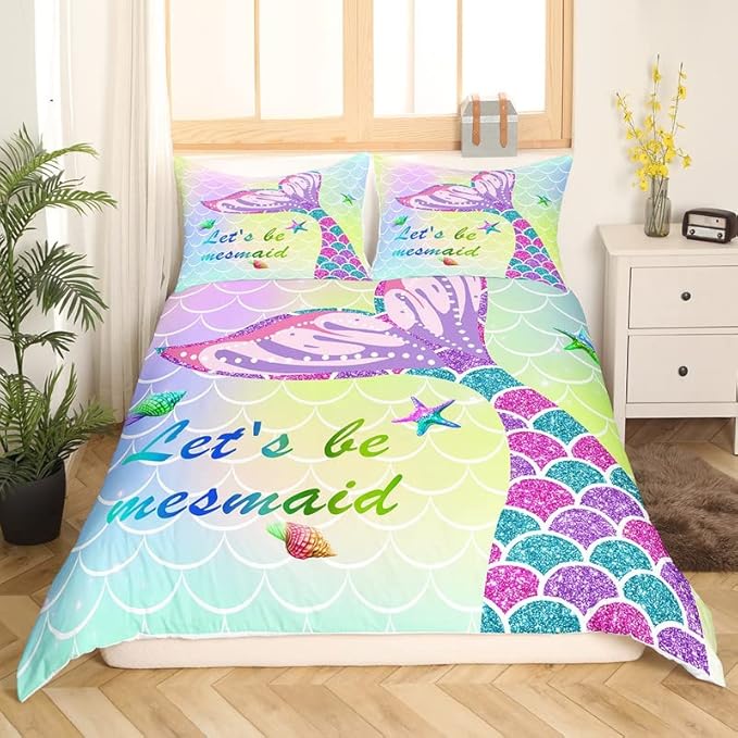 Feelyou Mermaid Duvet Cover Set Pink Teal Purple Scales Comforter Cover for Girls Rainbow Bedding Set 1 Duvet Cover & 2 Pillowcases