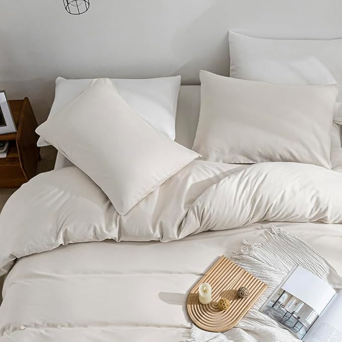 JELLYMONI Beige Duvet Cover Twin Size - 100% Washed Cotton Linen Feel Textured Comforter Cover, 2 Pieces Breathable Soft Bedding Set with Zipper Closure (Beige, Twin 68"x90")