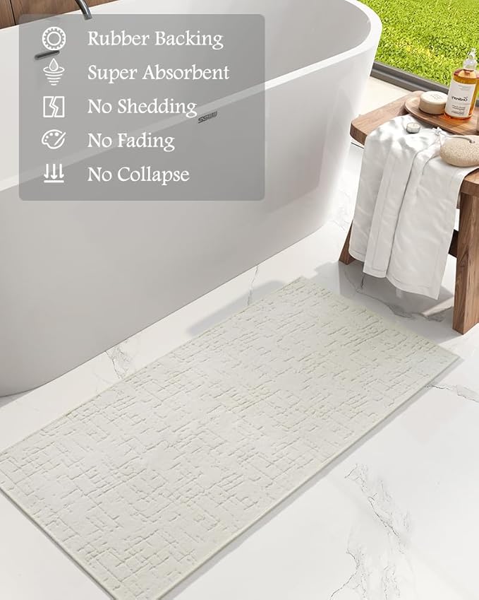 AMOAMI-Bath Mat-Absorbent Quick Dry Bathroom Floor Mats-Washable Rubber Backing Bath Mats for Bathroom Rugs Fit Under Door-Bath Rug for in Front of Sink Bathtub Shower Room, Cream 24''x70''