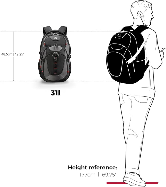Swissdigital Design Laptop Backpack with USB Charging Port, Travel Backpack Fits 15.6 inches Computer, 31L College School Backpack for Men, Black/Grey | SD803