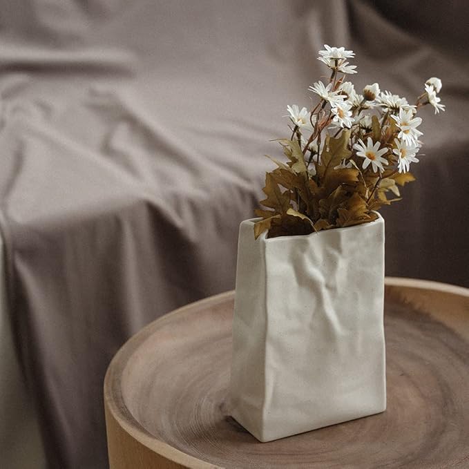WENSHUO Crinkle Paper Bag Shape Ceramic Vase, Large Capacity for Flower Arrangement, Bookshelf Decorative (Matte Crème)