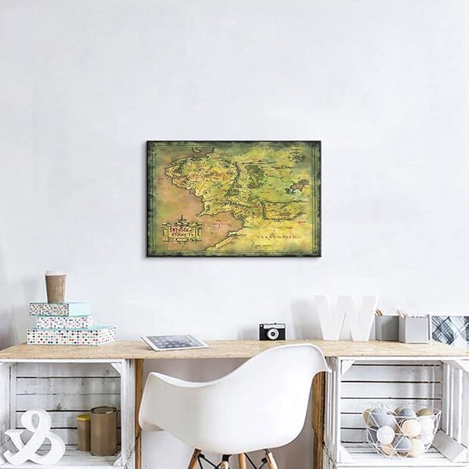 Middle Earth Map Wall Art Canvas Print - Fantasy Map of Middle Earth - 28''H x 40''W with Inner Wooden Frame - Lightweight & Easy to Hang - Perfect for Living Room, Game Room Decor