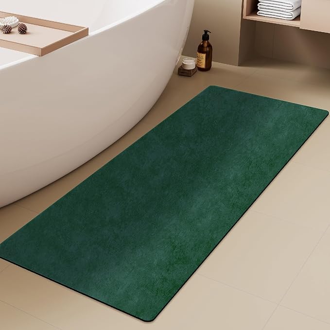 Bathroom Mat Quick Dry, Bathroom Rugs Non Slip Washable Thin Absorbent Bath Mat Fits Under Door Bathroom Floor Mat Perfect for Bath, Shower, or Sink 24"x70" Dark Green