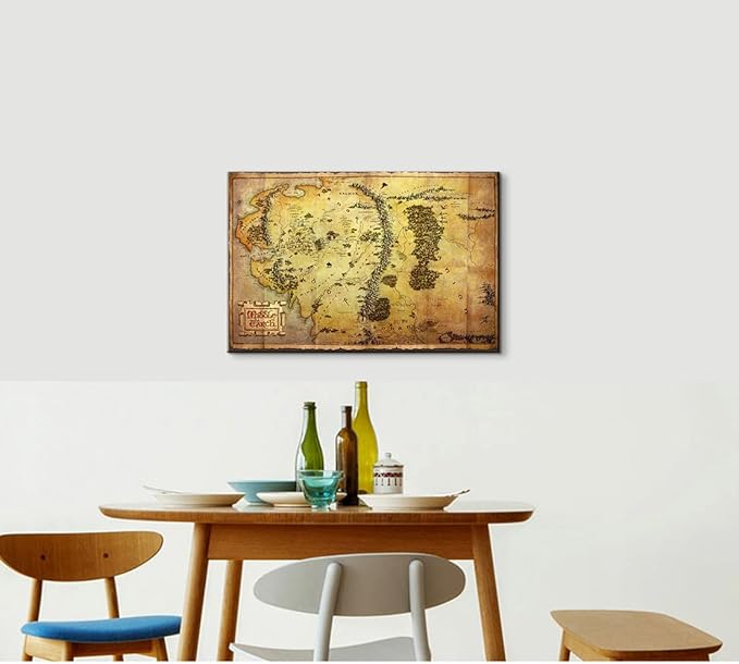 Middle Earth Map Wall Art with Built-in Wooden Frame - Map of Middle Earth Wall Decor for Game Room - Lightweight & Easy Hanging, 12x18 Inches