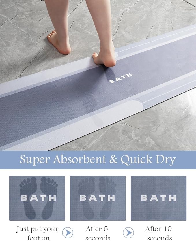 MontVoo-Bath Mat, Long Non Slip Absorbent Stain Resistant Quick Dry Thin Bathroom Rug, 17"x50", Blue