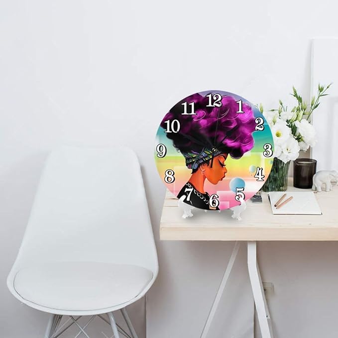 African American Girl Wall Clock Battery Operated Silent Round Clock Afro Black Woman Wall Decor for Home Office School, 12 Inch