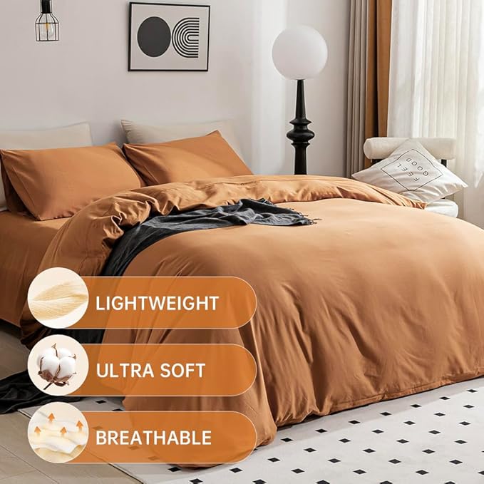JELLYMONI Cotton Duvet Cover King Size - 100% Washed Cotton Linen Like Textured Comforter Cover, 3 Pieces Breathable Soft Bedding Set with Zipper Closure (Burnt Orange, King 104"x90")