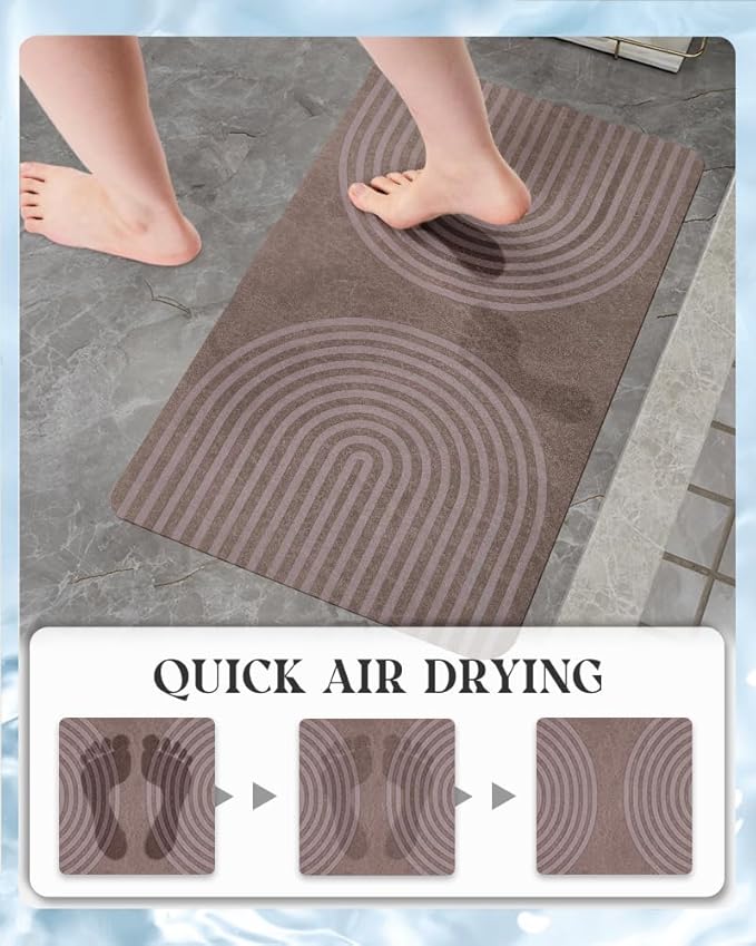 MontVoo -Bath Mat-Non Slip Thin Bathroom Rugs Fit Under Door- Quick Dry Absorbent Faux Suede Surface Grey Bathroom Floor Mats-Shower Rug for in Front of Bathtub Shower Brown Arched 17x27.5