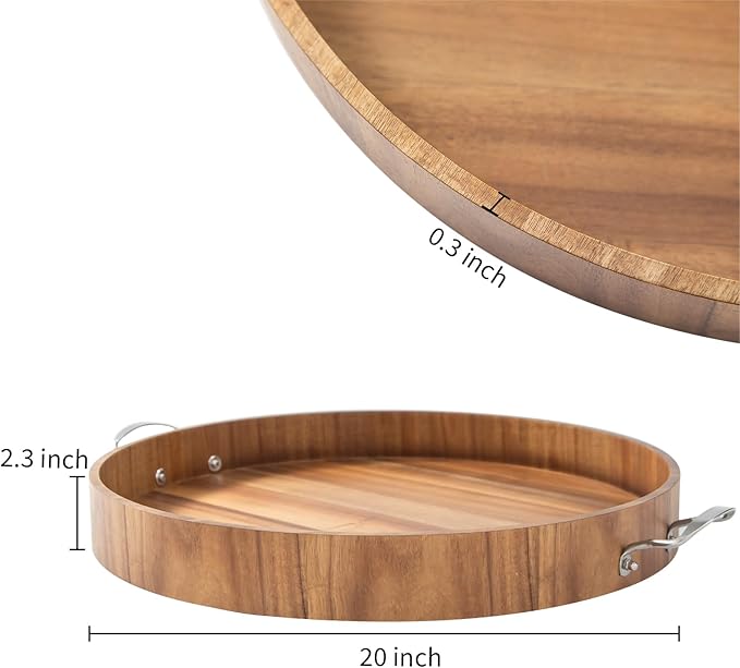 Ottoman Tray with Handles, 20 Inch Round Ottoman Tray Large Trays for Ottomans Wooden Serving Tray Decorative Trays for Living Room, Party, Breakfast, Drinks, Snacks, Appetizers