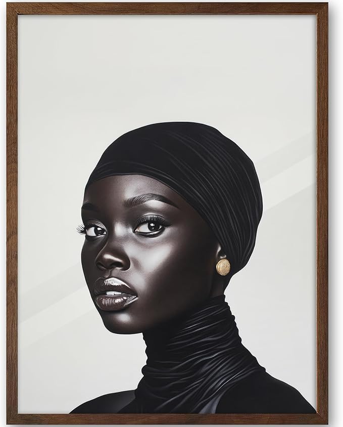 iHery Natural OAK Wood Fashion Black Girl Walnut Color Framed Wall Art, 12x16 in Black and White Modern Hijabi Canvas Wall Decor, Trendy Afro Art For Bedroom Bathroom Living Room 1Pack