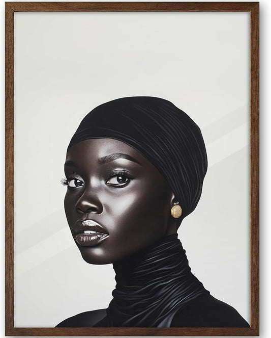 iHery Natural OAK Wood Fashion Black Girl Walnut Color Framed Wall Art, 12x16 in Black and White Modern Hijabi Canvas Wall Decor, Trendy Afro Art For Bedroom Bathroom Living Room 1Pack
