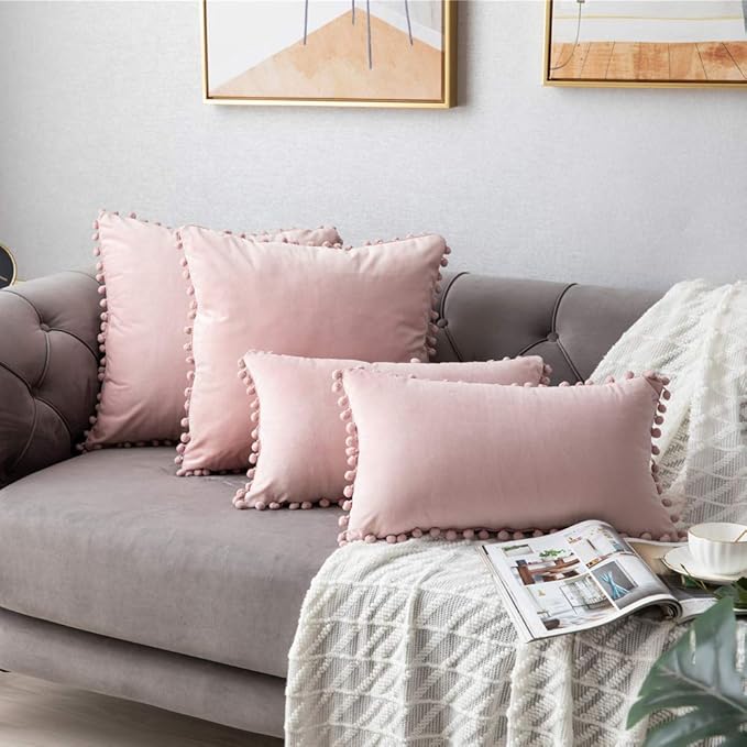 DEZENE 12x20 Throw Pillow Covers Pink: 2 Pack Cozy Soft Pom-poms Velvet Rectangular Decorative Pillow Cases for Farmhouse Home Decor