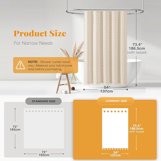 BTTN Stall Fabric Shower Curtain - 54x72 Inches Boho Linen Heavy Duty Tassel Shower Curtain Set with 10 Hooks, Narrow Rustic Modern Farmhouse Neutral Thick Shower Curtains for Bathroom - Cream/Beige